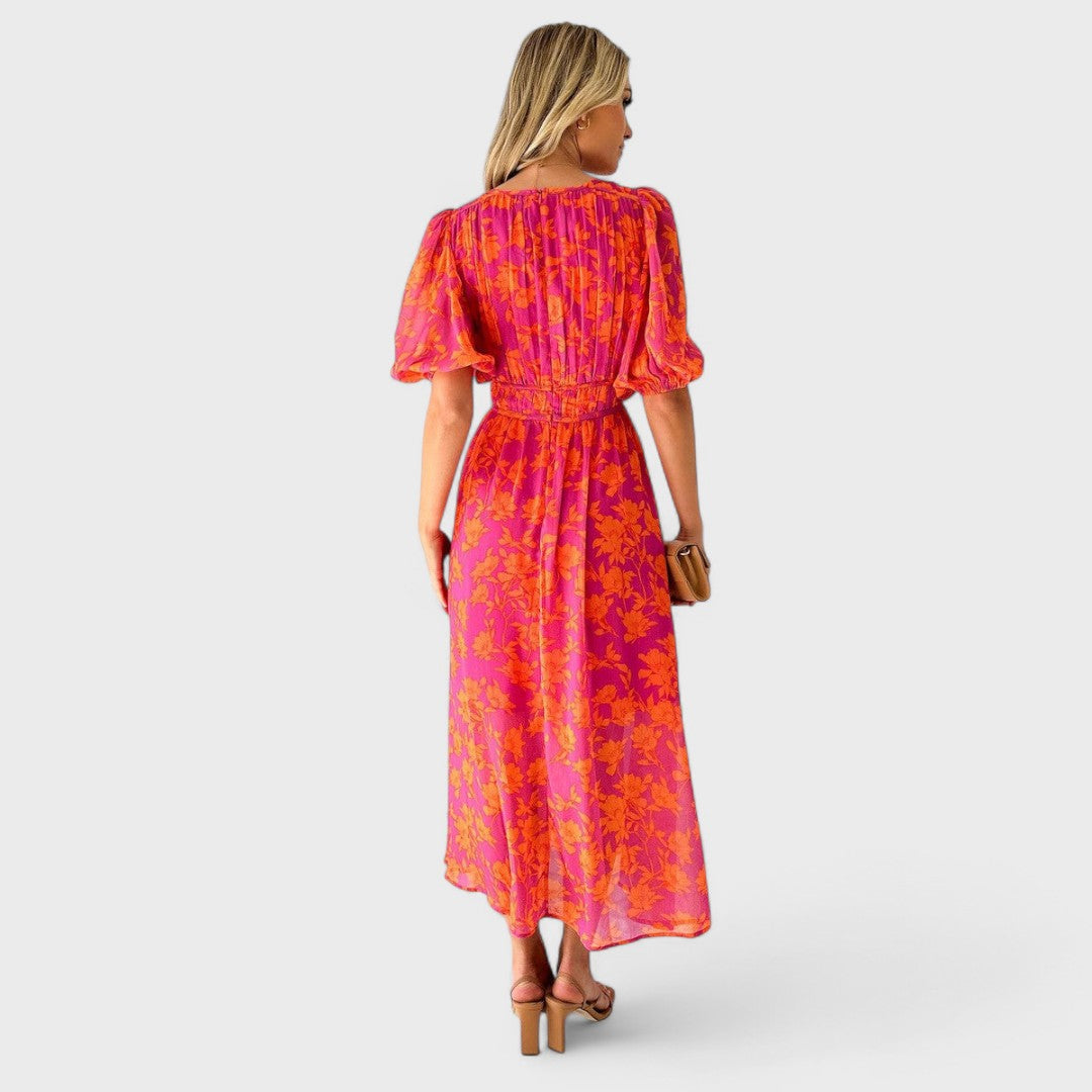 Katty - Abito midi floreale con maniche a sbuffo e scollo a V