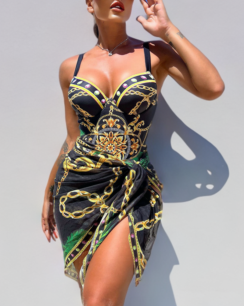Darius - Costume da bagno intero con dettagli decorativi in catena e gonna da spiaggia